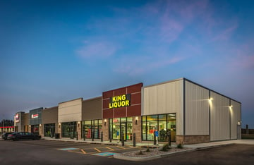 Retail center in Blackfalds Alberta with a King Liquor store